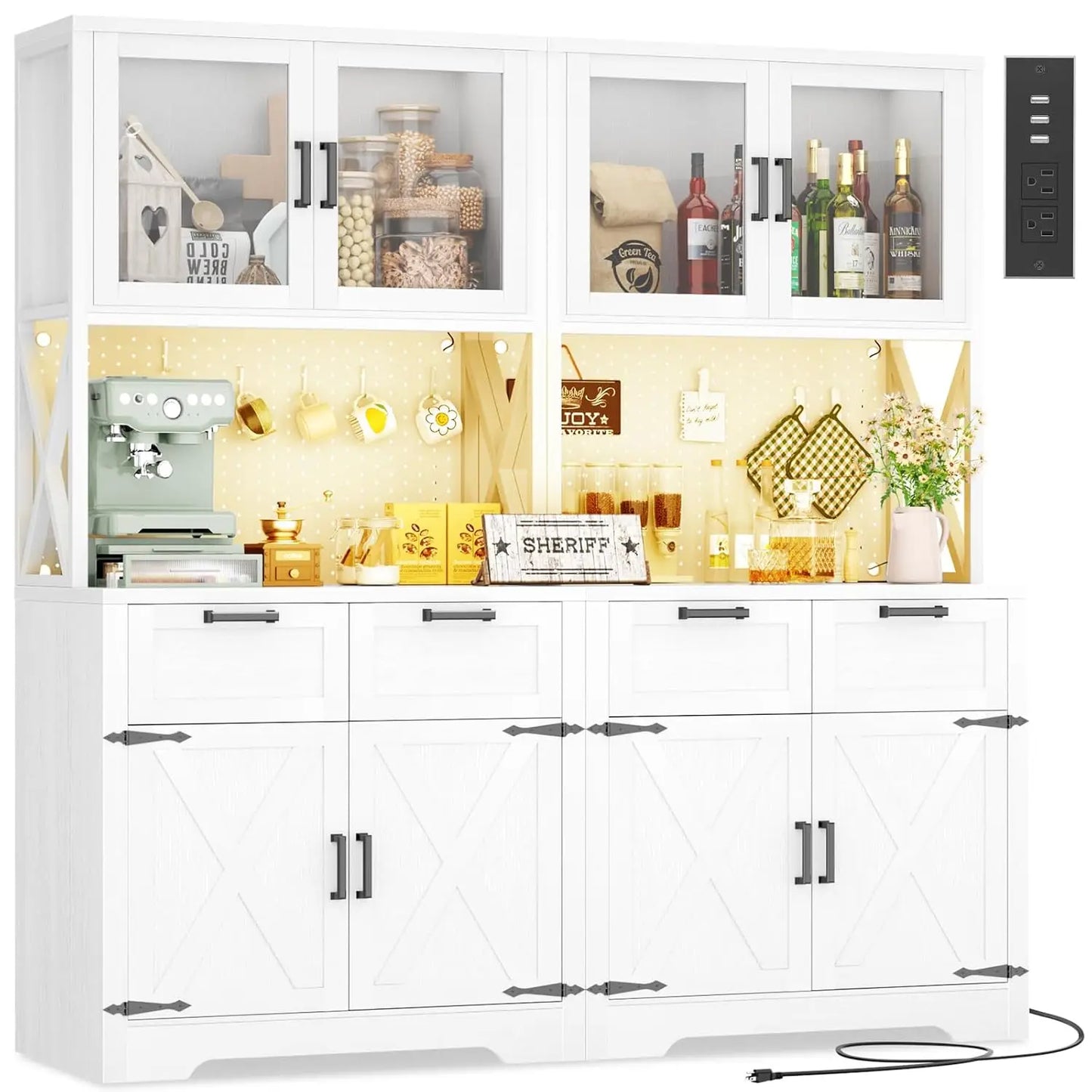 71" Tall Kitchen Pantry Storage Cabinet with LED Light & Outlet, 63" Wide Kitchen Hutch Cabinet with Large, Customized