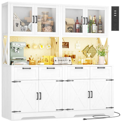 71" Tall Kitchen Pantry Storage Cabinet with LED Light & Outlet, 63" Wide Kitchen Hutch Cabinet with Large, Customized