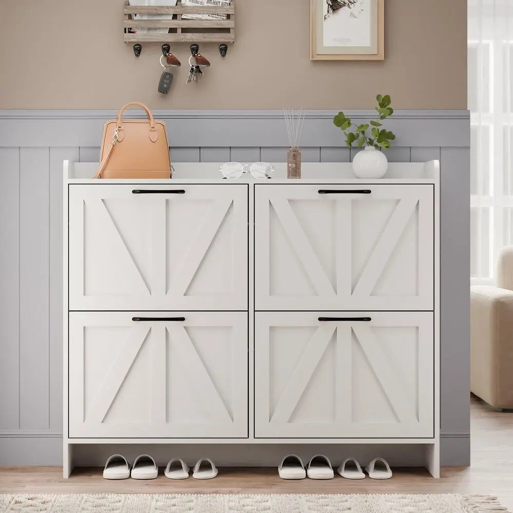 Shoe Storage Cabinet with 4 Flip Drawers, Freestanding Shoe Cabinet, Slim Shoe Organizer with Wood Legs for Entryway, White
