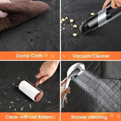 Easy-to-clean black quilted surface shown with damp cloth, vacuum, lint roller, and shower.
