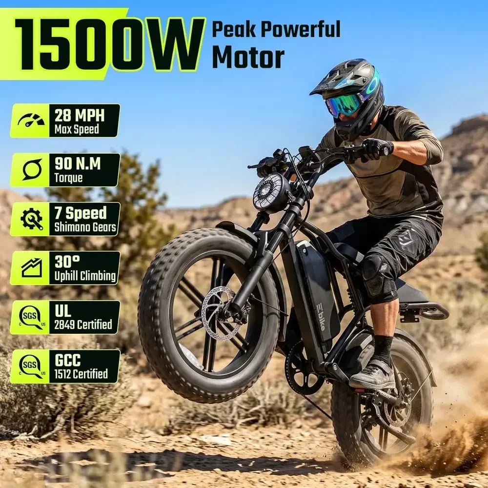 Electric Bike or Adults, Peak 1500W Motor Retro E Bike, Range 65/120Miles, 48V 15Ah Removable Battery, 20"x4" at Tires, ull Susp