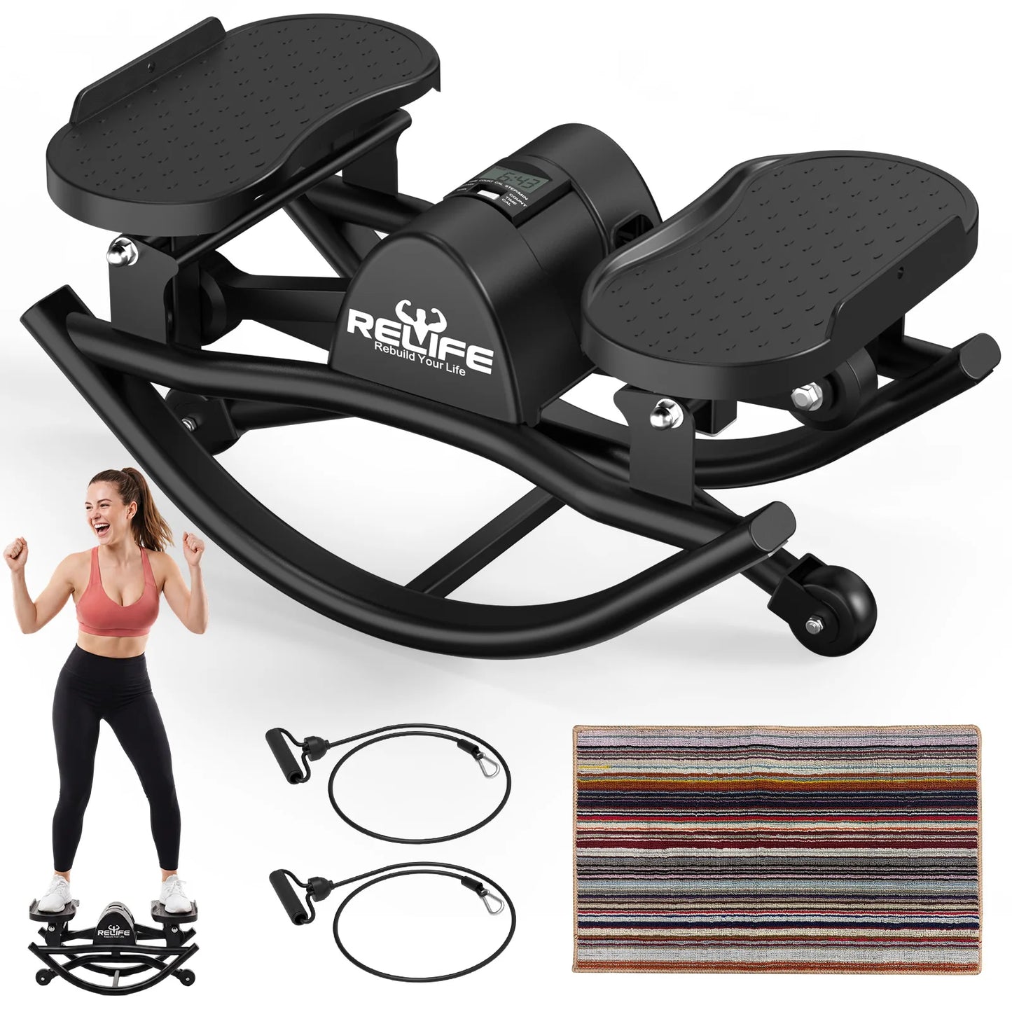 3D Lateral Rocking Stepper With Resistance Bands For Body Workout