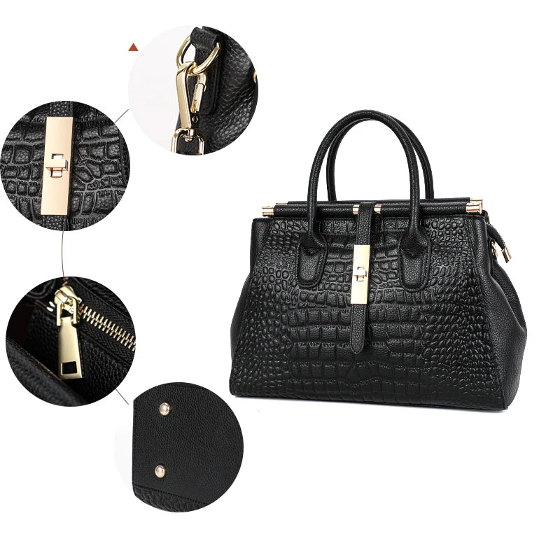 Light Luxury Crocodile Pattern Women's Handbag Large Capacity Black High Quality Cowhide Single Shoulder Crossbody Bag