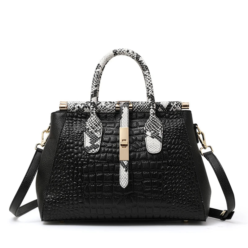 Light Luxury Crocodile Pattern Women's Handbag Large Capacity Black High Quality Cowhide Single Shoulder Crossbody Bag