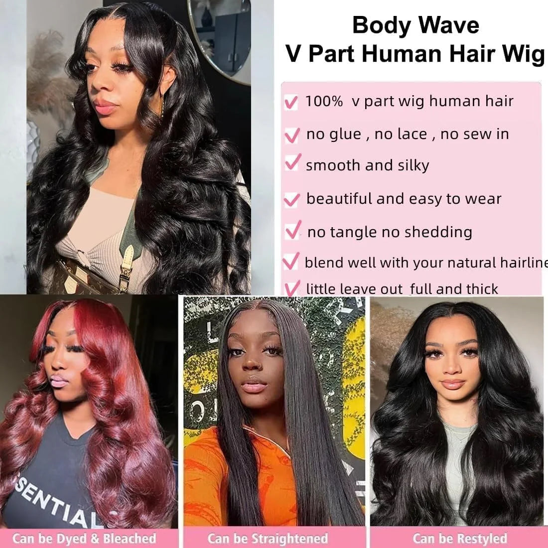 Frizira Body Wave V Part Wig Human Hair 250 Density