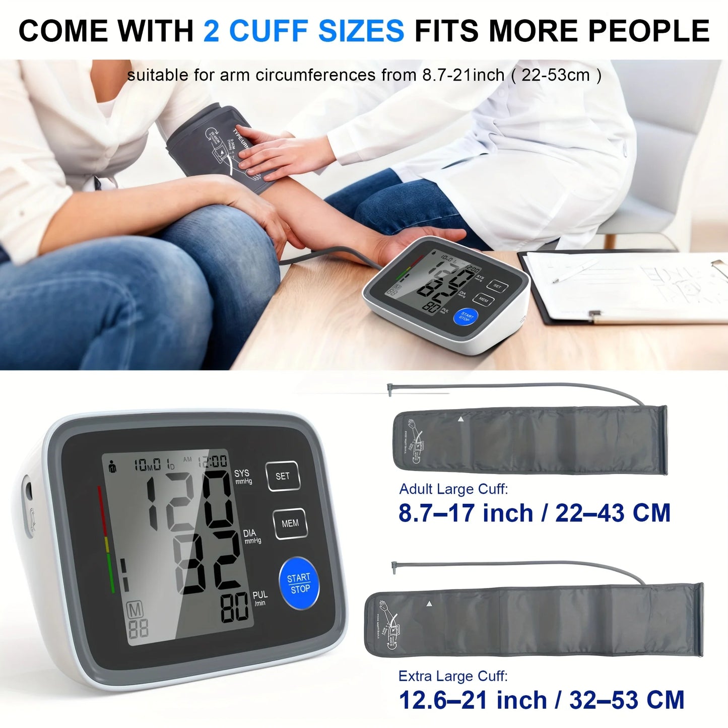 Automatic Upper Arm Blood Pressure Monitor with 2 Cuffs 22-43 cm and 32-53 cm, Large LCD, 2 Users, 180-Reading Memory, Pulse Rate for Home Use