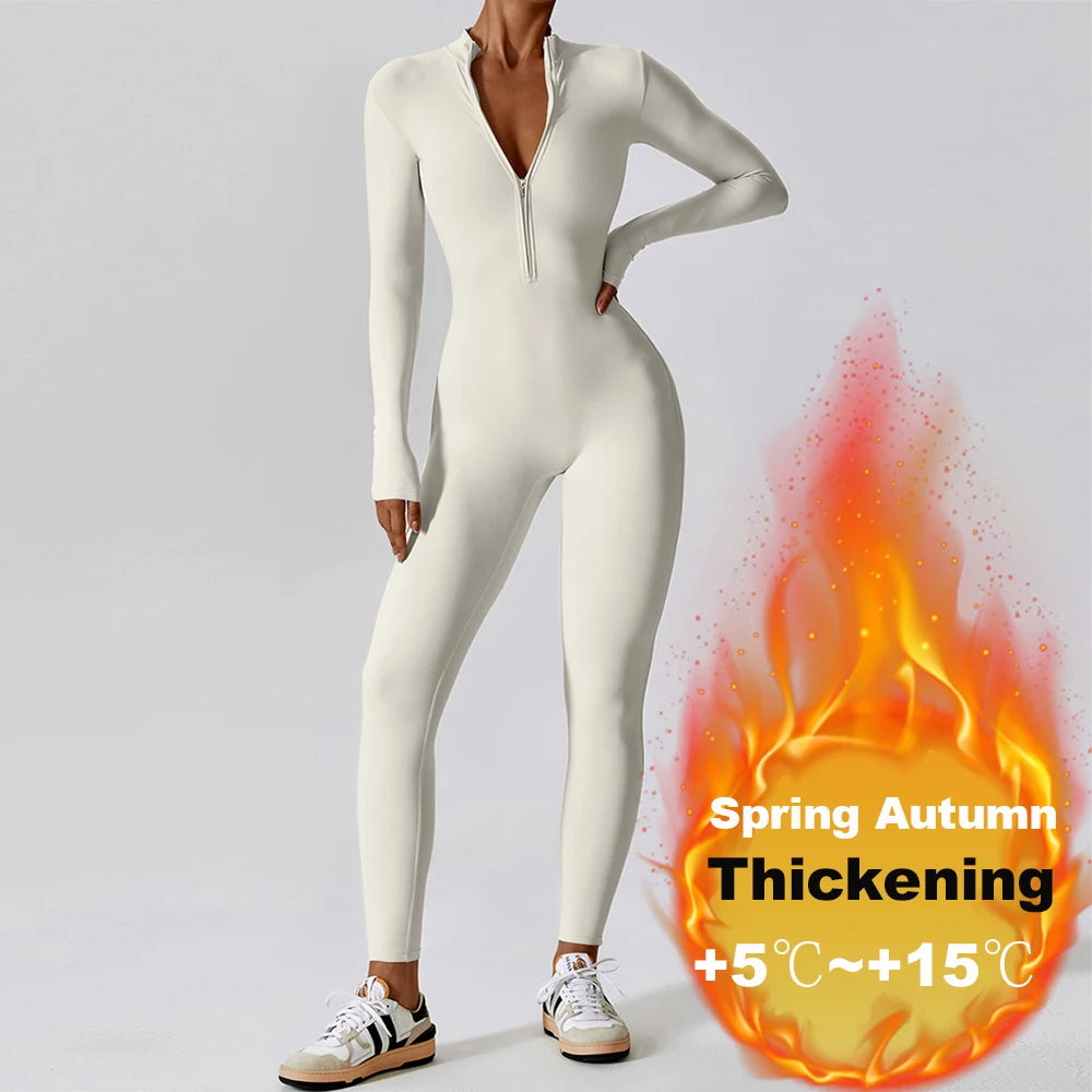 Zipper Yoga Jumpsuits for Women Winter Fleece Jumpsuit Longsleeve Sport Overalls Fitness One-Piece Suit Gym Workout Tracksuit