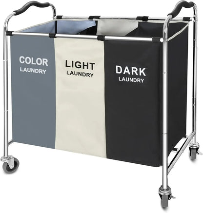 240L Laundry Basket with Wheels, 3-Section Hamper for Clothes, Towel & Toy Storage in Dorm or Home