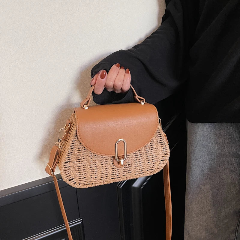 APWIKOGER Straw Beach Bag PU Leather Summer Shoulder Flap Crossbody