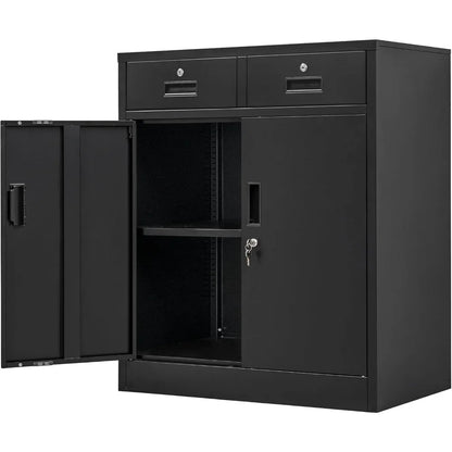 Metal Locking Storage Cabinet With Drawers And Adjustable Shelf
