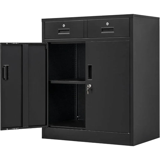 Metal Locking Storage Cabinet With Drawers And Adjustable Shelf