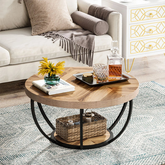 Tribesigns 31.7" Round Coffee Table, Industrial 2-Tier Circle Coffee Table with Storage Shelves, Modern Wooden Sofa Side Table
