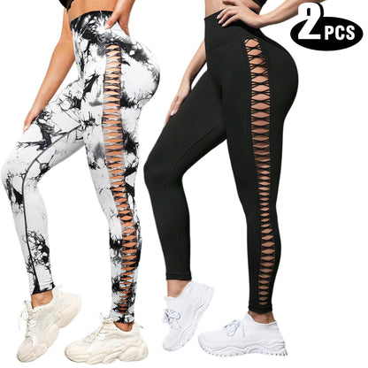 Women 2 Pack Tie Dye Hollow Out Side Leggings High Waist Butt Lifting Stretch Fitness Sports Pants