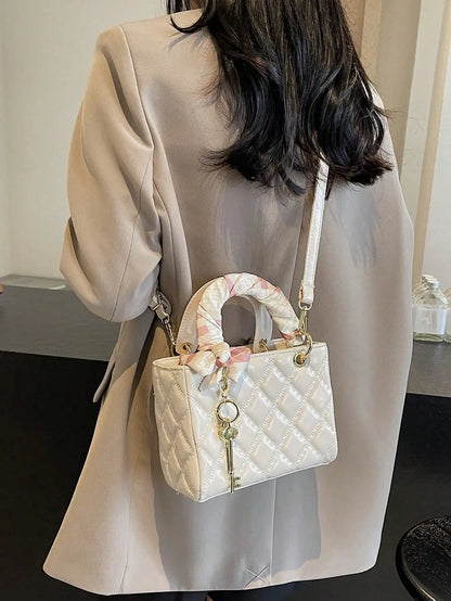 High-Quality Quilted Small Square Bag - Silk Scarf &Key Pendant,Niche Elegant Ladies Crossbody,Ideal for Dating/Gifting/Shopping