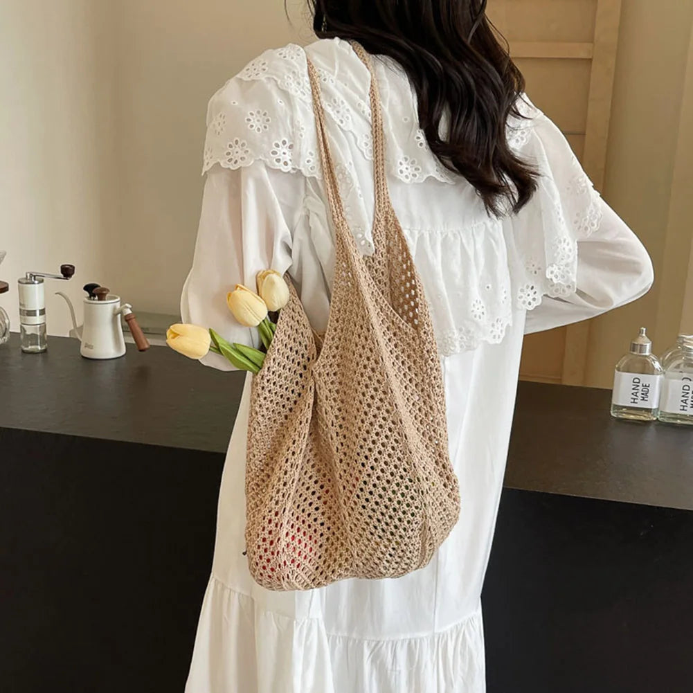 Women Knitting Shoulder Bag Large Capacity Knitting Underarm Bag Solid Crochet Tote Handbag Summer Mesh Beach Bag Hobo Bag