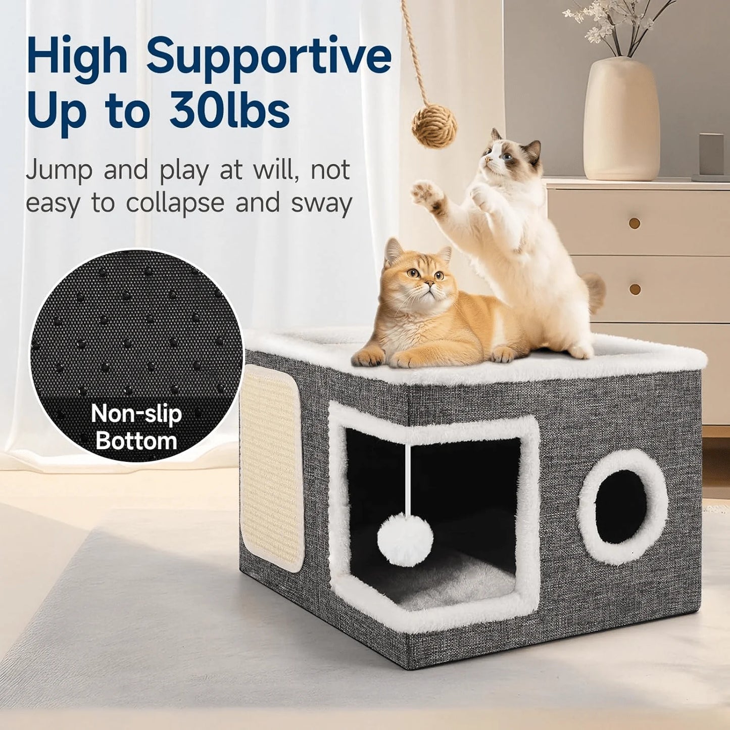 Gray Fabric Cat House with Scratching Panel, Hanging Ball Toy, and Dual-Entry Design for Indoor Cats