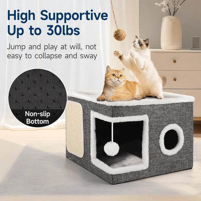 Gray Fabric Cat House with Scratching Panel, Hanging Ball Toy, and Dual-Entry Design for Indoor Cats