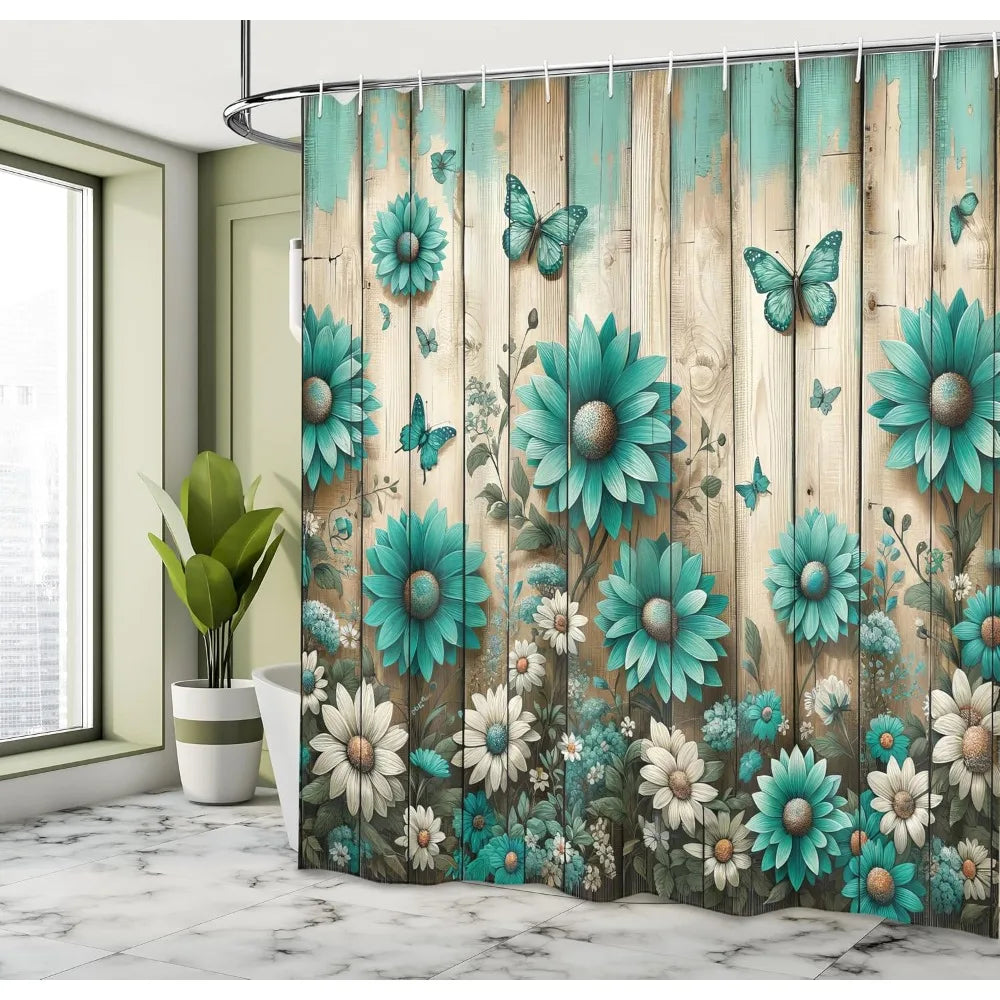 Color Country Style Shower Curtain With Daisy And Butterfly Pattern