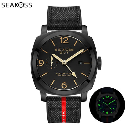 SEAKOSS Men GMT Automatic Mechanical Watches Super Luminous Calendar Original Seagull ST2557 Movement Nylon Rubber Wristwatches