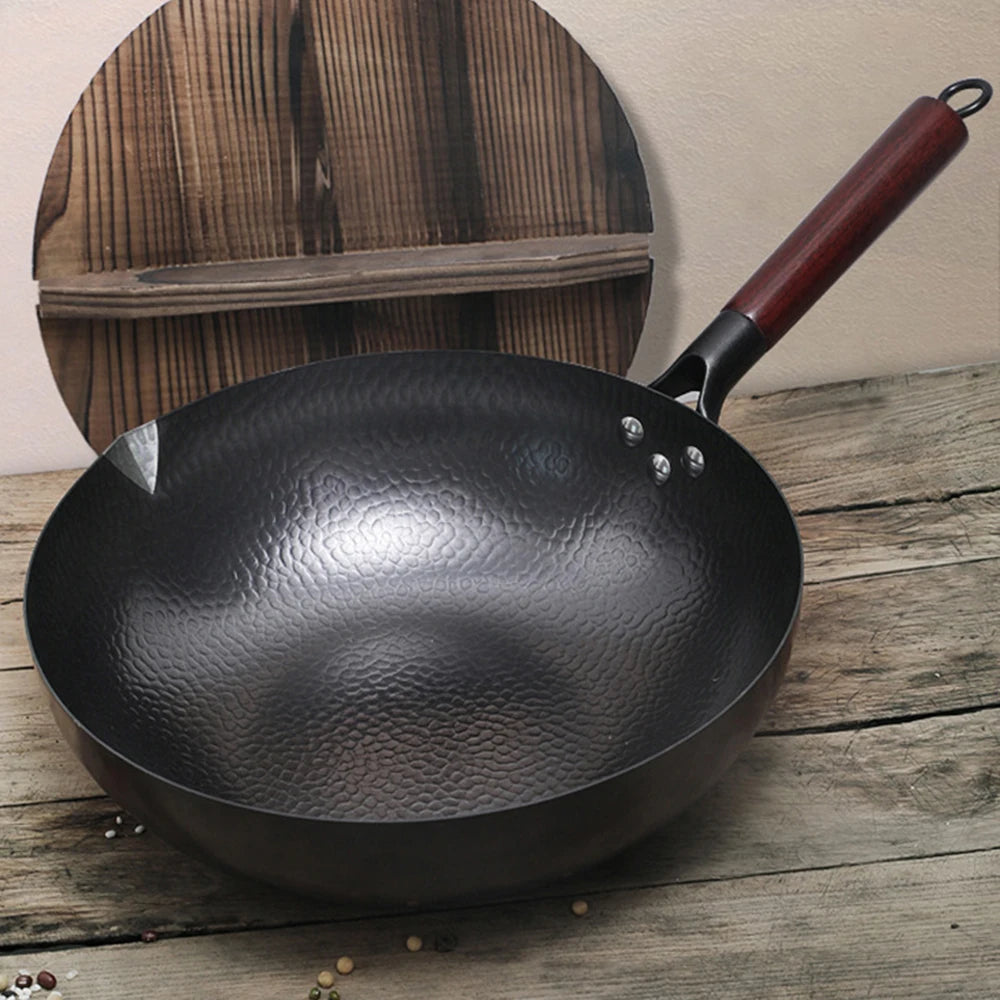 32cm Uncoated Pure Cast Iron Wok Chinese Traditional Cooking Pan Universal For Gas Stove And Induction Cooker