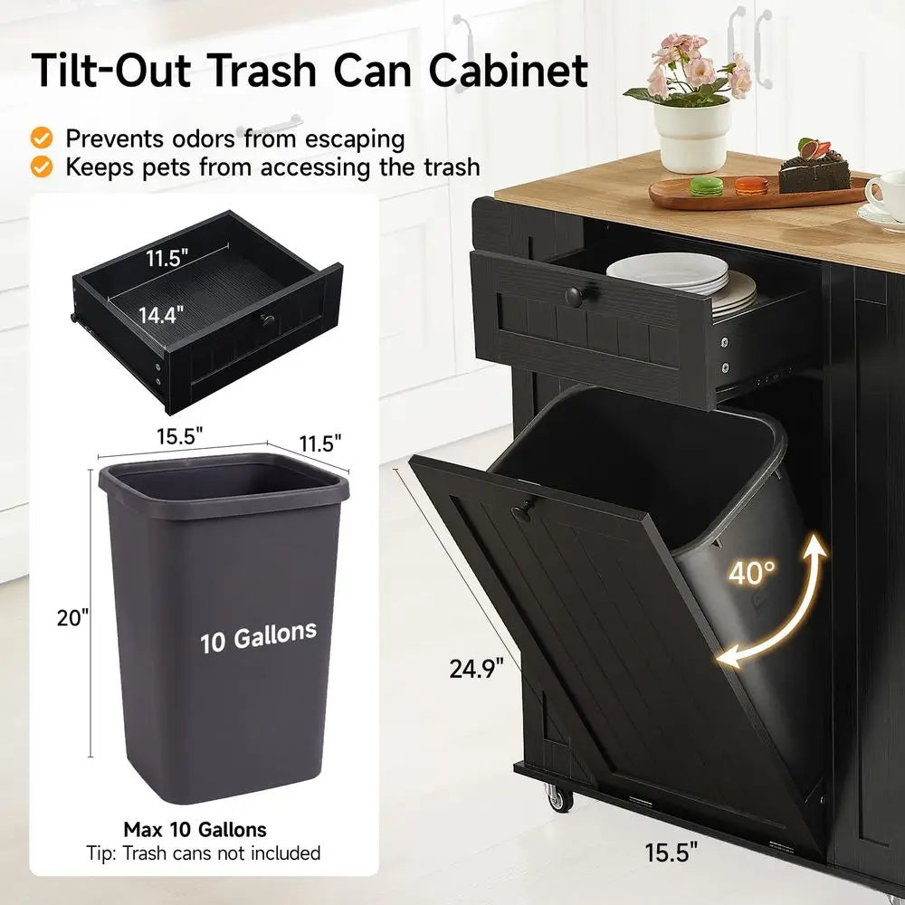 35 Kitchen Island with Trash Can Cabinet amp Power Outlet, Rolling Kitchen Cart with Storage Drawer, 6Tier Spice Rack, Portable