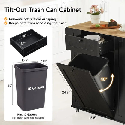 35 Kitchen Island with Trash Can Cabinet amp Power Outlet, Rolling Kitchen Cart with Storage Drawer, 6Tier Spice Rack, Portable