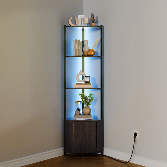 LED Corner Shelf With Adjustable Lighting, Wood Storage Organizer