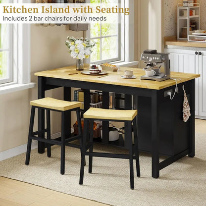 47 Solid Rubberwood Kitchen Island with Storage, Seating for 2, Trash Bin, Power Outlet, and Open Shelves in Black