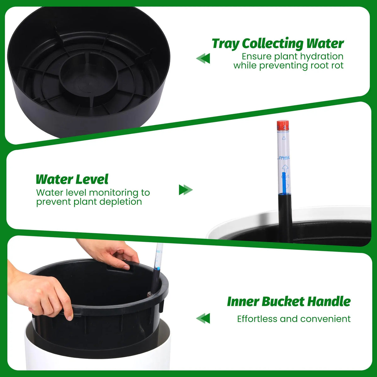 21.5 Inch Tall Self Watering Planters Set Of 2 With Water Level Indicator, Inner Buckets, Large Indoor Outdoor Pots For Patio Porch