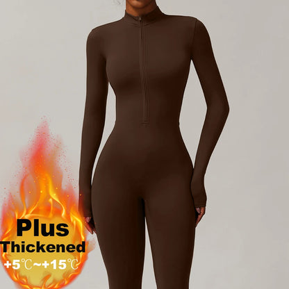Zipper Yoga Jumpsuits for Women Winter Fleece Jumpsuit Longsleeve Sport Overalls Fitness One-Piece Suit Gym Workout Tracksuit