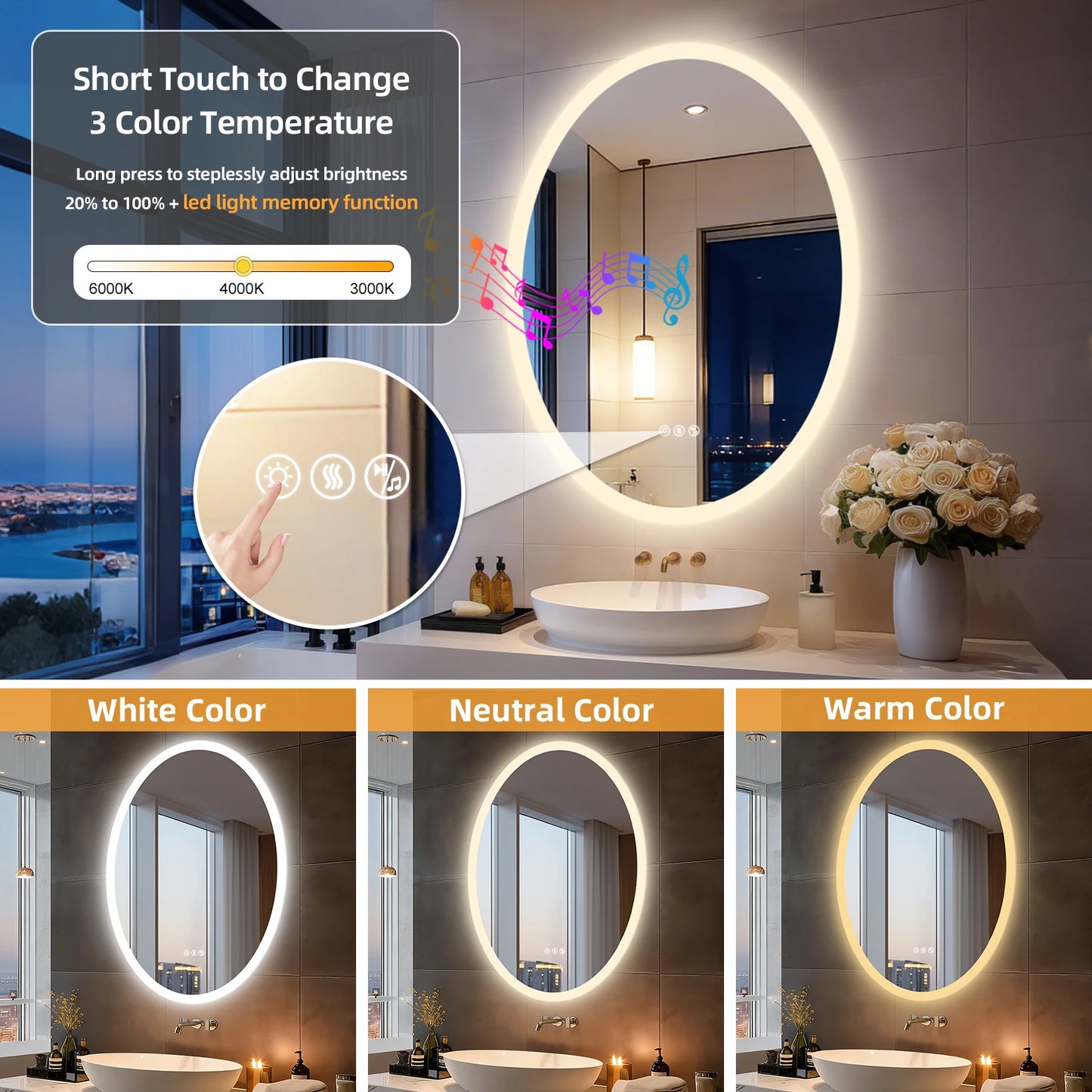 LED Oval Vanity Mirror With Bluetooth Speakers Anti Fog Dimmable