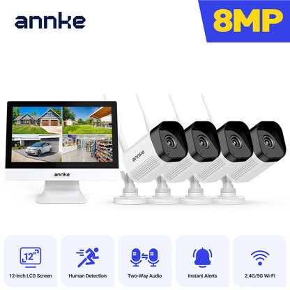 Annke 8MP wifi security camera 12 in LCD 2.4G 5.8G 4k wireless camera system Two-way voice IR night vision Outdoor wifi camera
