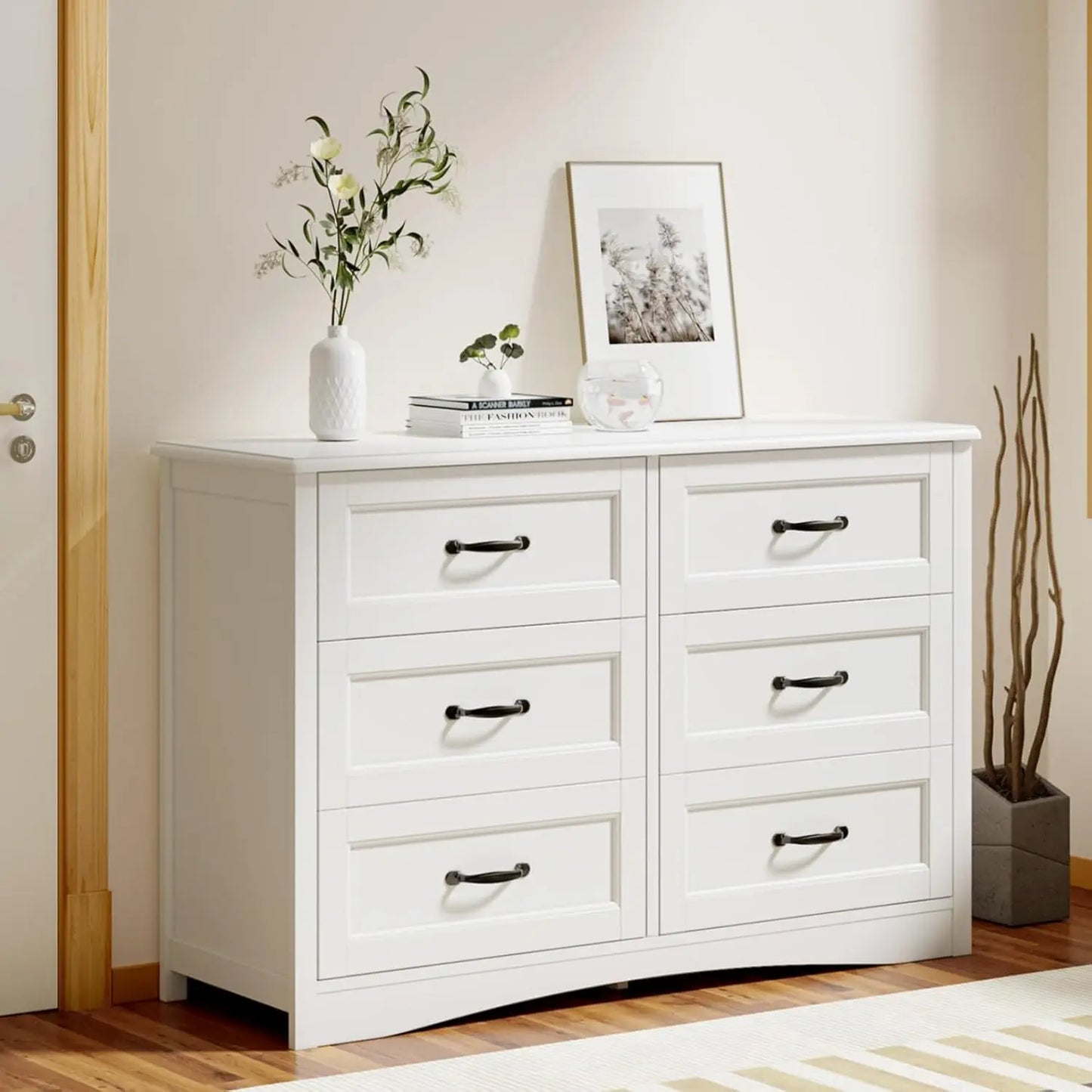 6 Drawer Dresser for Bedroom，47'' Larger Chest of Drawers with Mental Handle , White Dresser with 6 Storage Drawers, White