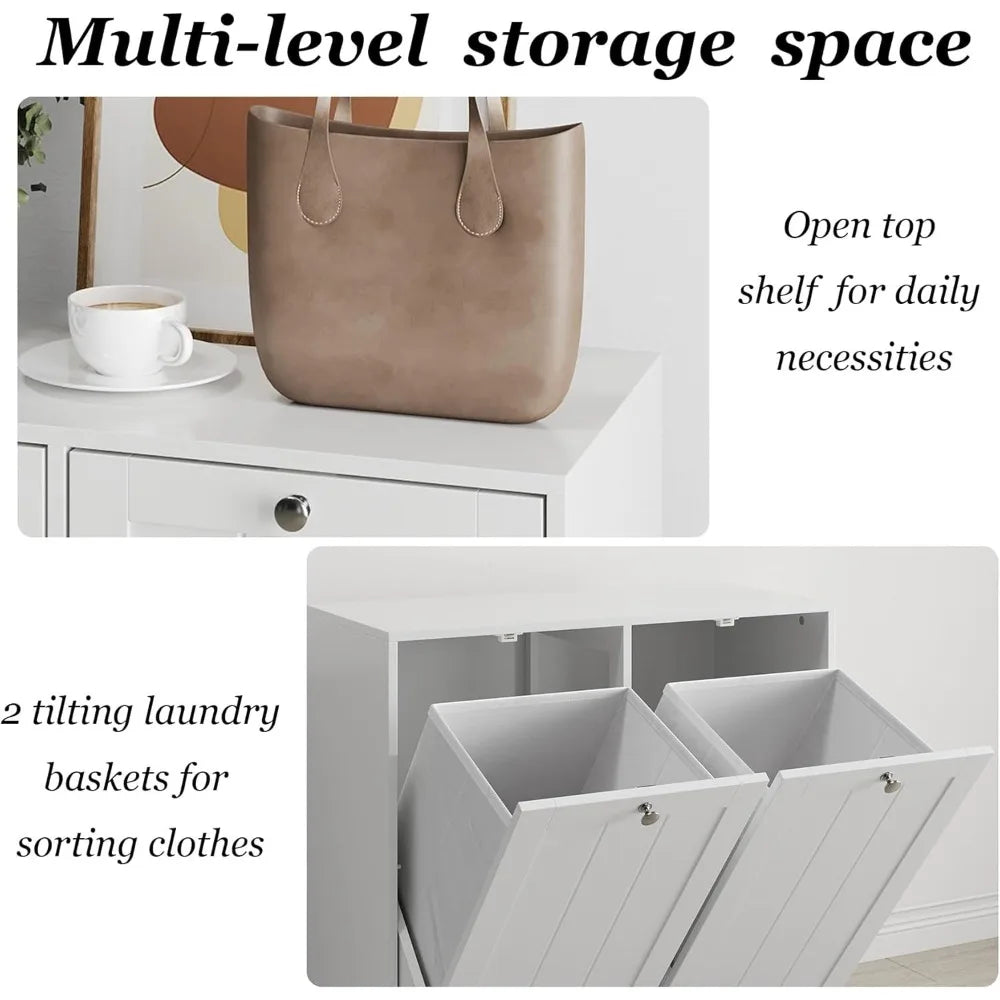 Tilt-Out Double Laundry Hamper Cabinet with 2 Removable Baskets, for Bathroom, Laundry Room