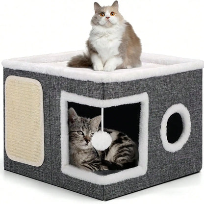Gray Fabric Cat House with Scratching Panel, Hanging Ball Toy, and Dual-Entry Design for Indoor Cats