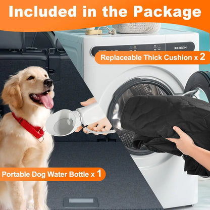 Dog with portable water bottle, washing machine with black cushion, package contents display