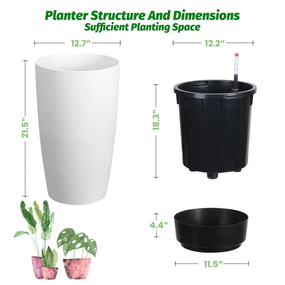 21.5 Inch Tall Self Watering Planters Set Of 2 With Water Level Indicator, Inner Buckets, Large Indoor Outdoor Pots For Patio Porch