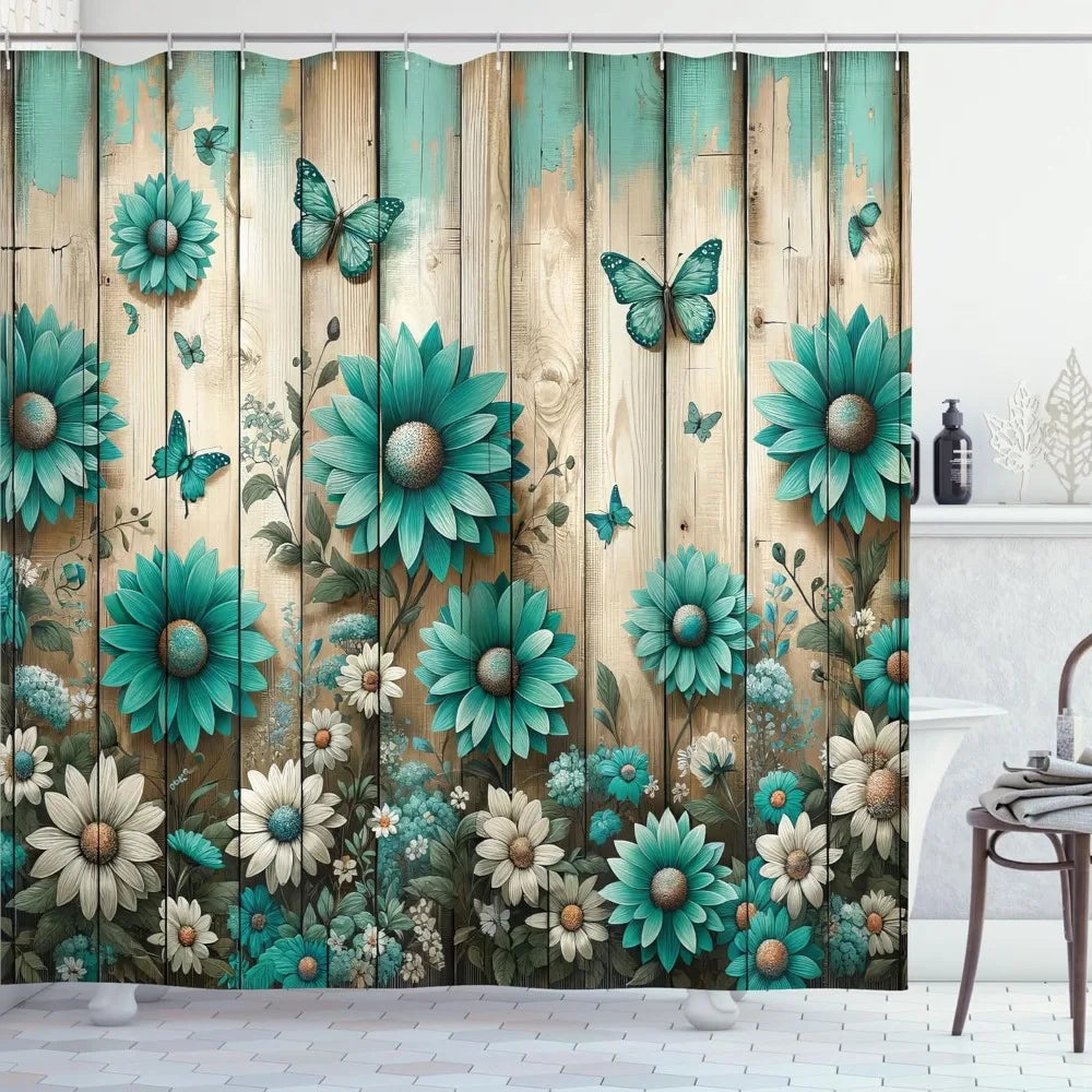 Color Country Style Shower Curtain With Daisy And Butterfly Pattern