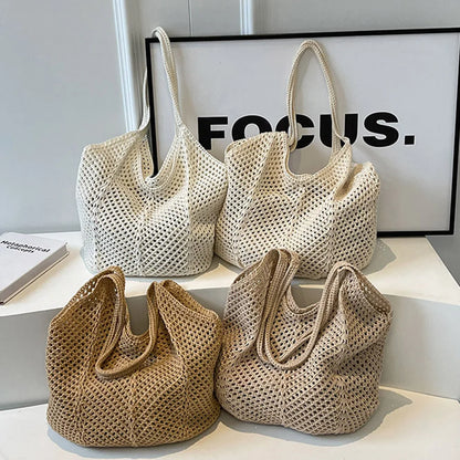 Women Knitting Shoulder Bag Large Capacity Knitting Underarm Bag Solid Crochet Tote Handbag Summer Mesh Beach Bag Hobo Bag