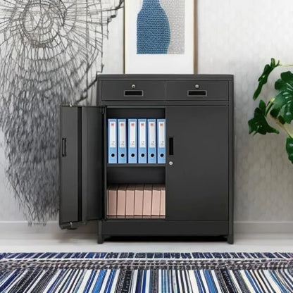 Metal Locking Storage Cabinet With Drawers And Adjustable Shelf