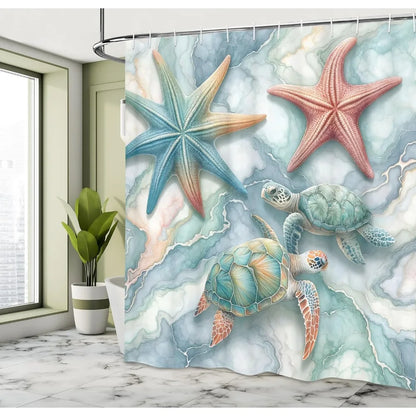 Marble Starfish Sea Turtle Shower Curtain Coastal Bath Decor