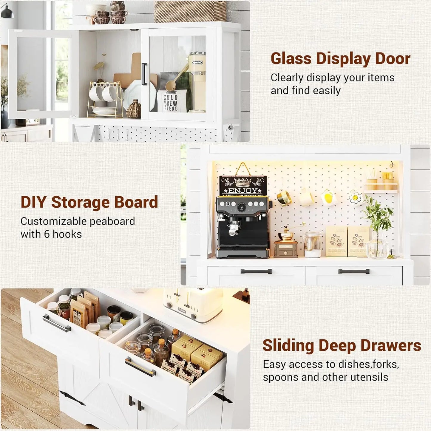 71" Tall Kitchen Pantry Storage Cabinet with LED Light & Outlet, 63" Wide Kitchen Hutch Cabinet with Large, Customized