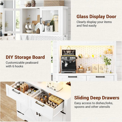 71" Tall Kitchen Pantry Storage Cabinet with LED Light & Outlet, 63" Wide Kitchen Hutch Cabinet with Large, Customized