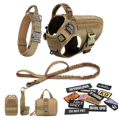 Tactical dog harness set in tan color with leash, collar, pouches, and assorted patches.