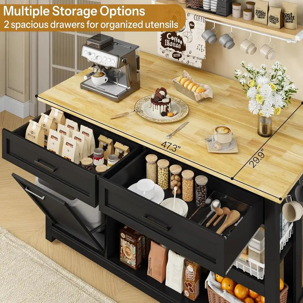 47 Solid Rubberwood Kitchen Island with Storage, Seating for 2, Trash Bin, Power Outlet, and Open Shelves in Black