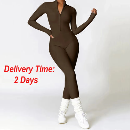 Zipper Yoga Jumpsuits for Women Winter Fleece Jumpsuit Longsleeve Sport Overalls Fitness One-Piece Suit Gym Workout Tracksuit