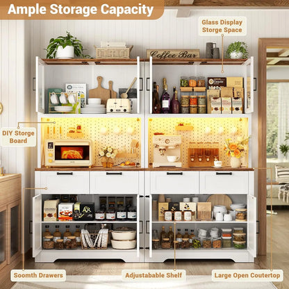 71" Tall Kitchen Pantry Storage Cabinet with LED Light & Outlet, 63" Wide Kitchen Hutch Cabinet with Large, Customized