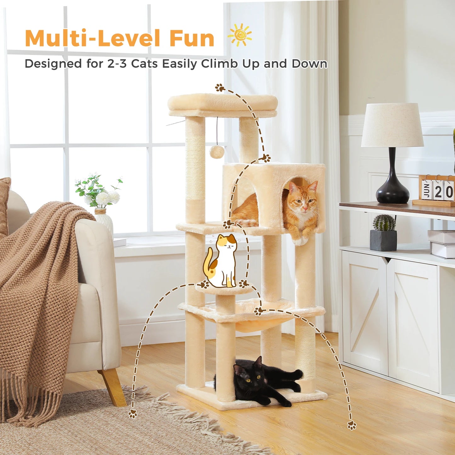 Multi-Level Cat Tree with Sisal Scratching Posts Cozy Condo Big Hammock Plush Cat Tower for Indoor Kitten House Bed Cat Toys