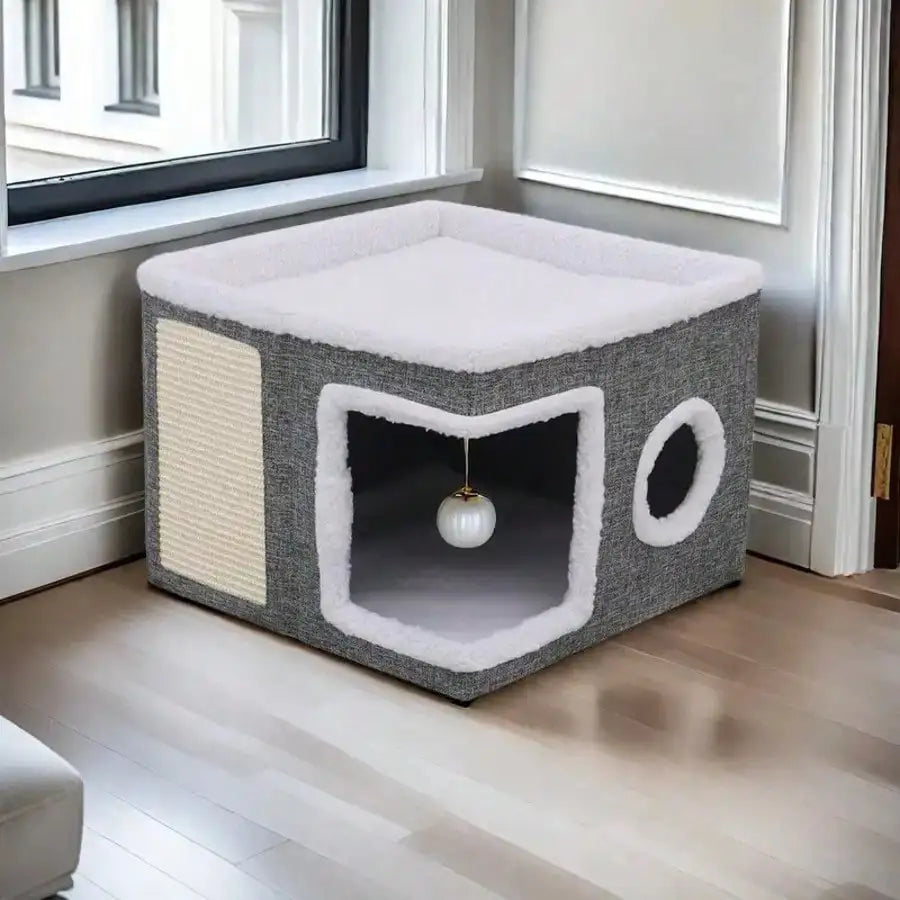 Gray Fabric Cat House with Scratching Panel, Hanging Ball Toy, and Dual-Entry Design for Indoor Cats