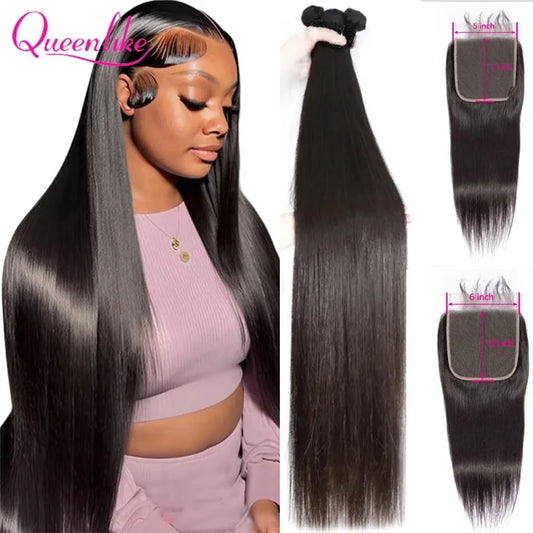 30 40inch Straight Human Hair Bundles with 5x5/6x6 Closure Brazilian Raw Bundles 100%Human Hair 13x4 Frontal Closure And Bundles